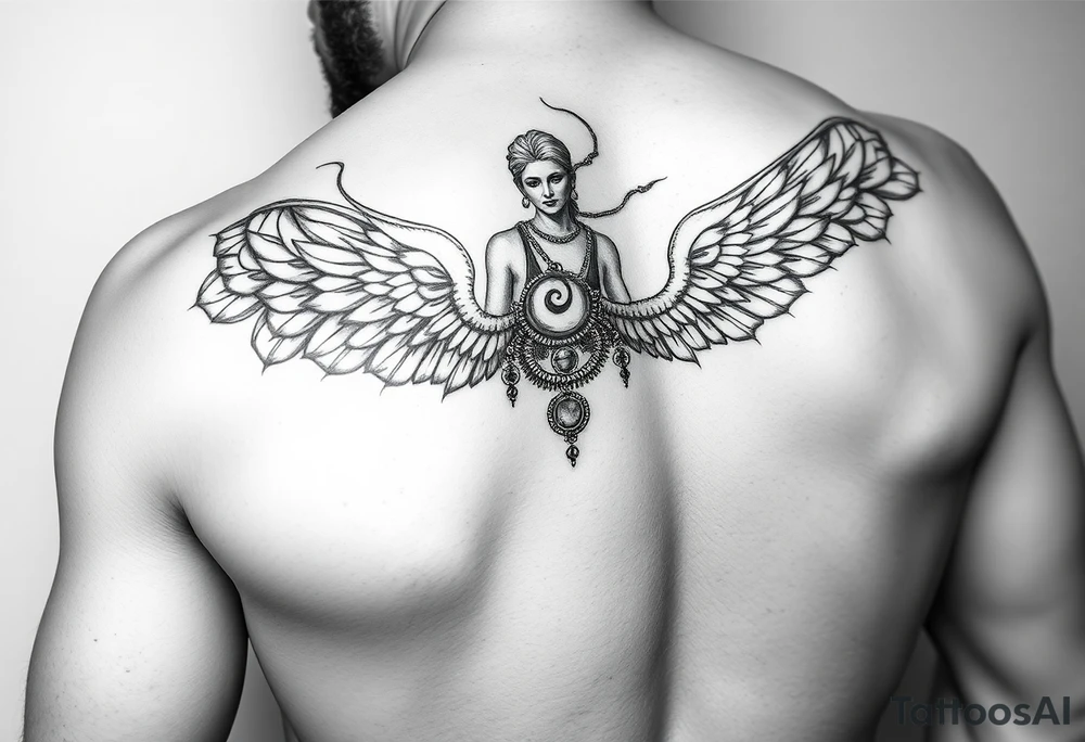in base a quella statua modificala come se pregasse, con dei tatuaggi/statua rovinata, con collane d'oro, gioielli, criminale, stile tatuaggio bianco e nero, braccio, più femminile tattoo idea