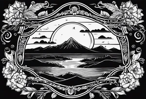 Simple drawing of a sunset with the inscription Memento mori tattoo idea