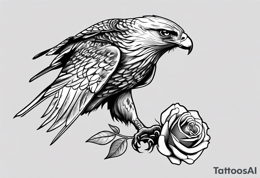 Hawk landing down from the side with rose in mouth tattoo idea