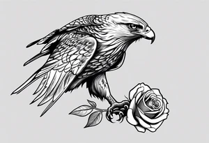 Hawk landing down from the side with rose in mouth tattoo idea