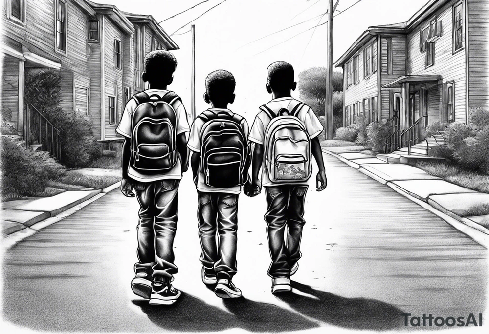 three black school age brothers walking away together down a street full bodies and you can see the side of one of their faces tattoo idea