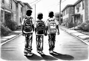 three black school age brothers walking away together down a street full bodies and you can see the side of one of their faces tattoo idea