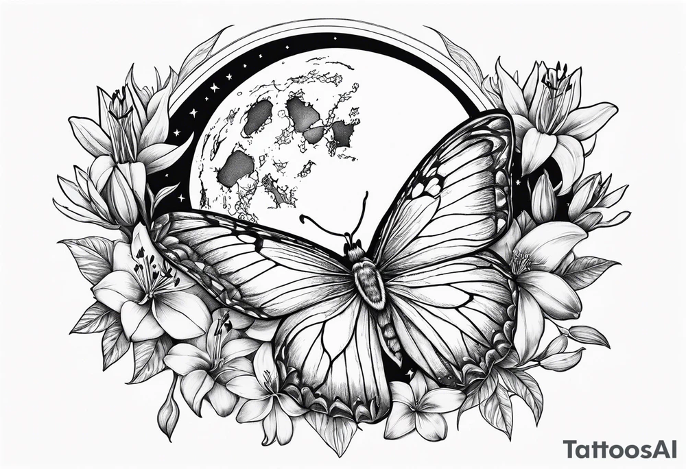 Moon and stars with a moth and Lillies tattoo idea