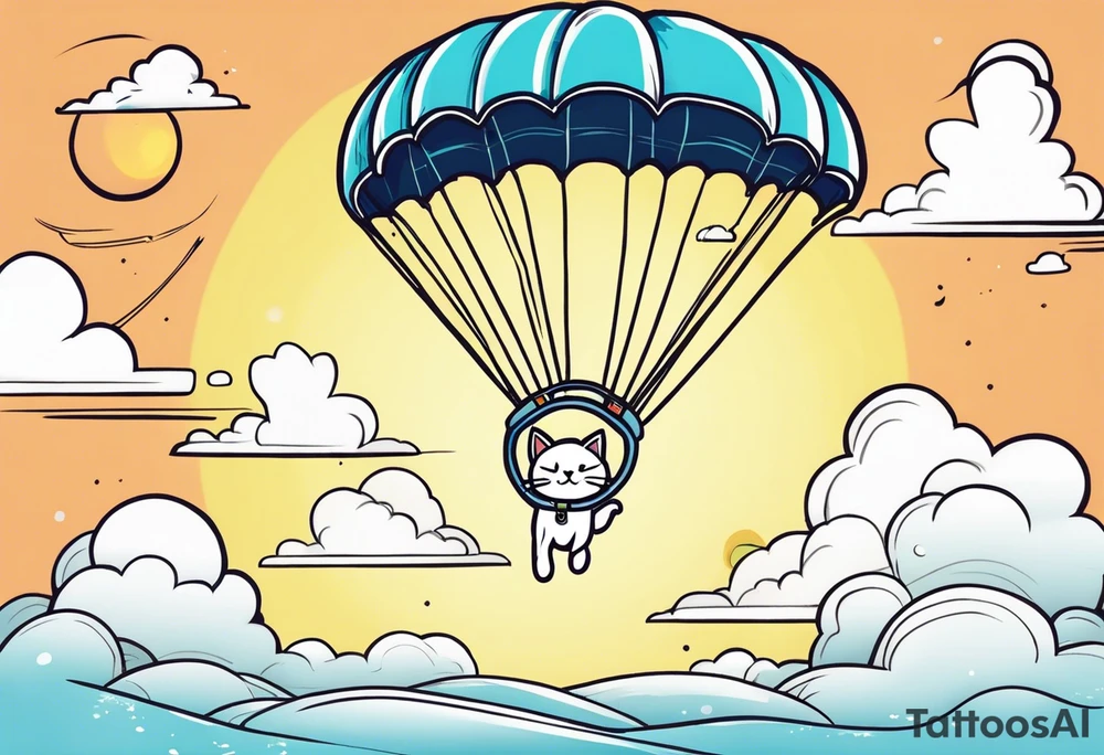 cat going skydiving with parachute in the rick and morty style tattoo idea