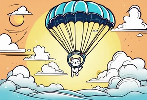 cat going skydiving with parachute in the rick and morty style tattoo idea