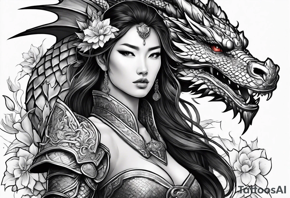 beautiful warrior woman wearing dragon armor and a floral background and a dragon a full picture tattoo idea