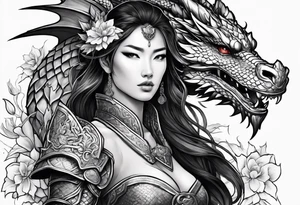 beautiful warrior woman wearing dragon armor and a floral background and a dragon a full picture tattoo idea