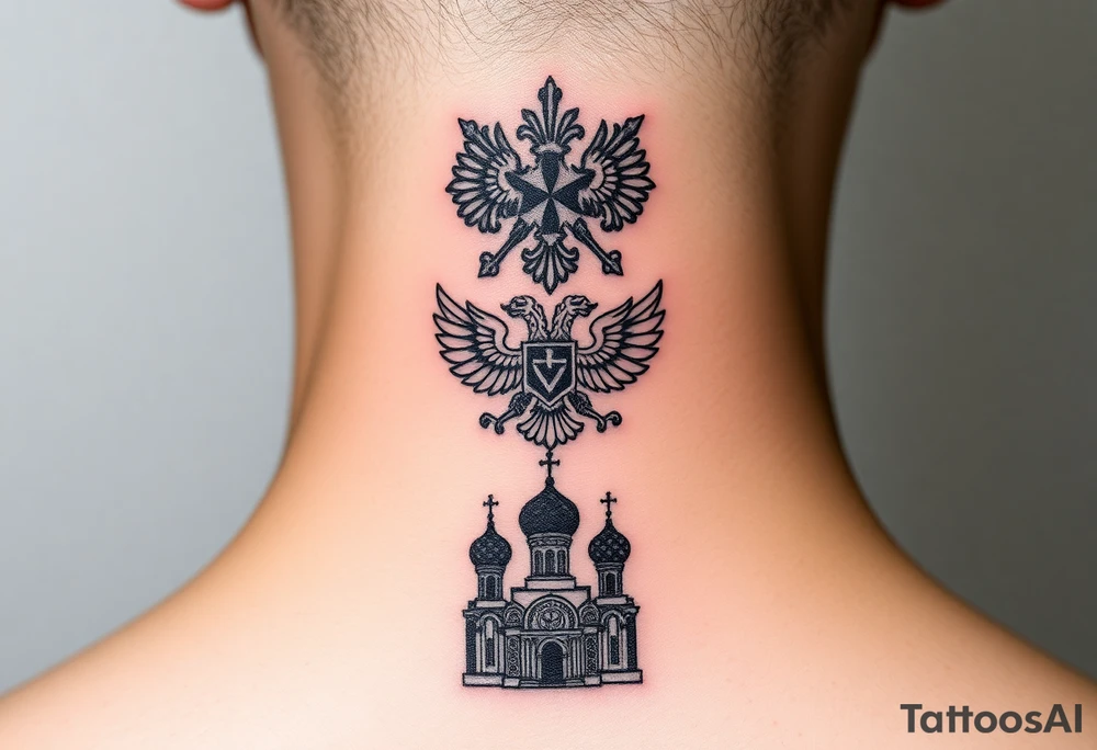 Stacked Vertical Column 

Russian star — bold
Middle: double-headed eagle — simplified, cleaner lines to suit the smaller space
Bottom: Orthodox church dome(s) & a Virgin Mary silhouette beneath tattoo idea