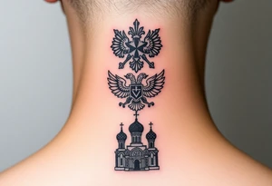 Stacked Vertical Column 

Russian star — bold
Middle: double-headed eagle — simplified, cleaner lines to suit the smaller space
Bottom: Orthodox church dome(s) & a Virgin Mary silhouette beneath tattoo idea