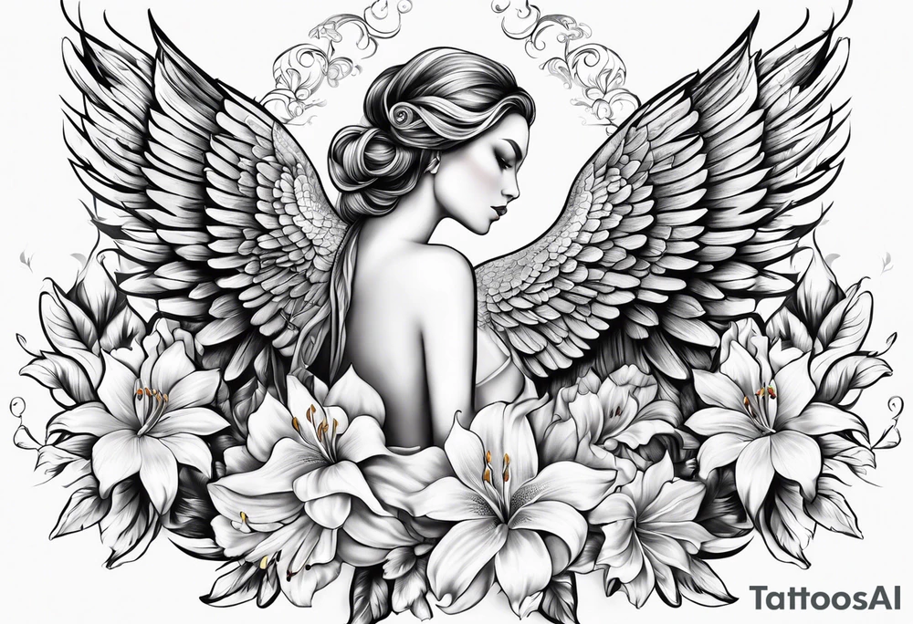 a back tatoo with a  fenix  with flames and that blooms with madonna lily's tattoo idea