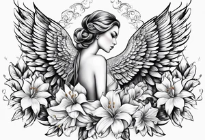 a back tatoo with a  fenix  with flames and that blooms with madonna lily's tattoo idea