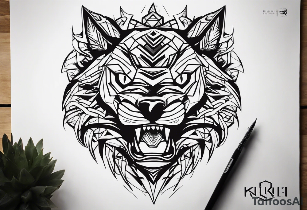 A tattoo designed for the knee, featuring the face of a mitological beast with wild, exaggerated features, such as sharp fangs, intense eyes, and a snarling expression. The design incorporates large areas of white space for contrast, with beams of light or energy radiating outward from the beast’s eyes in a chaotic and powerful pattern. The overall look should be bold and primal, with flowing lines that adapt naturally to the curvature of the knee. tattoo idea