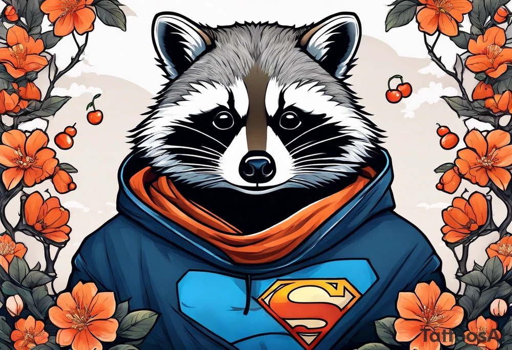 raccoon wearing a Superman hoodie with orange cherry blossoms tattoo idea