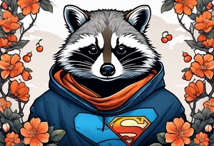 raccoon wearing a Superman hoodie with orange cherry blossoms tattoo idea