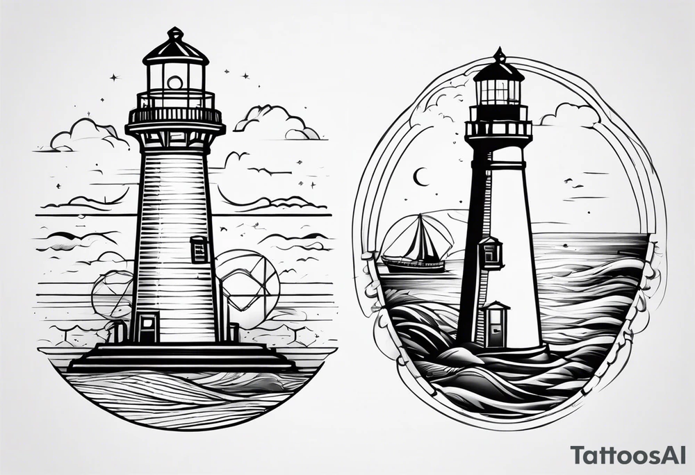 farol em mar agitado, linhas bem finas e geométricas e desenho com moldura redonda tattoo idea