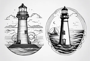 farol em mar agitado, linhas bem finas e geométricas e desenho com moldura redonda tattoo idea