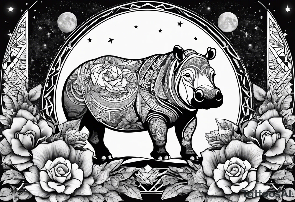 Hippo, flowers, moon, interstella , artic surreal, 
Extreme fine lines, +tribal, +geometric, develop from my favourites tattoo idea