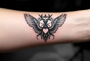 deux corneille
 noir une 
épée un crane et un coeur sur avant bras tattoo idea