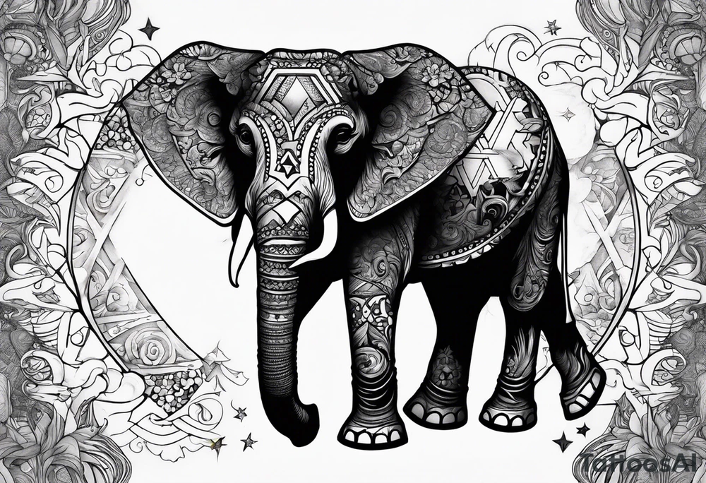 Delicate elephant holding Star of David in tip of trunk tattoo idea