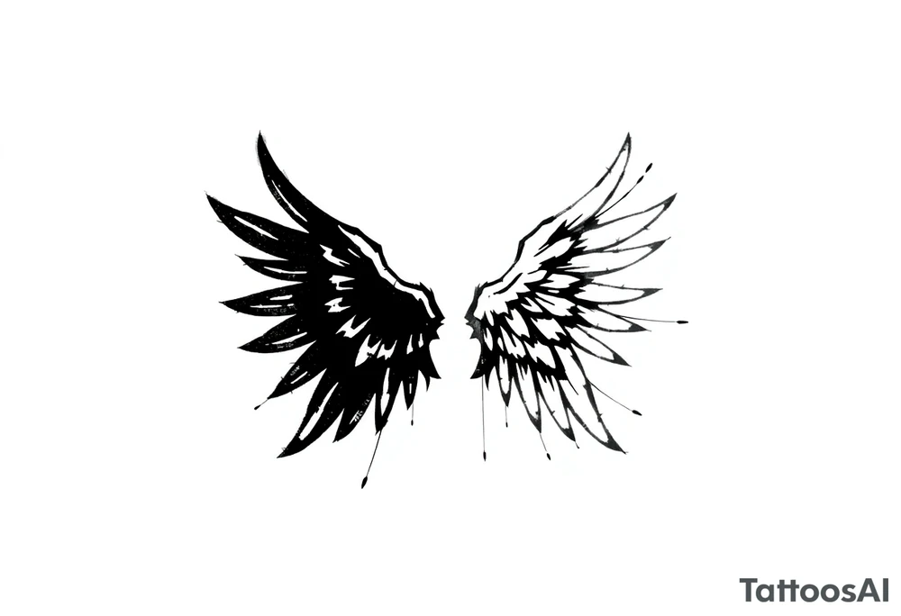 This tattoo design features a pair of asymmetrical angel wings drawn in black ink with a rough, sketch-like style. The left wing is darker, more defined, and appears denser, while the right wing is lighter, more delicate, and fragmented, creating a contrast between the two. The feathers are sharp and irregular, with fine lines and stray strokes extending outward, adding a raw and artistic feel. The overall look is dynamic and slightly chaotic, giving the impression of movement or an unfinished, ethereal form. This design symbolizes duality, freedom, transformation, or even struggle, making it a meaningful and visually striking tattoo. tattoo idea