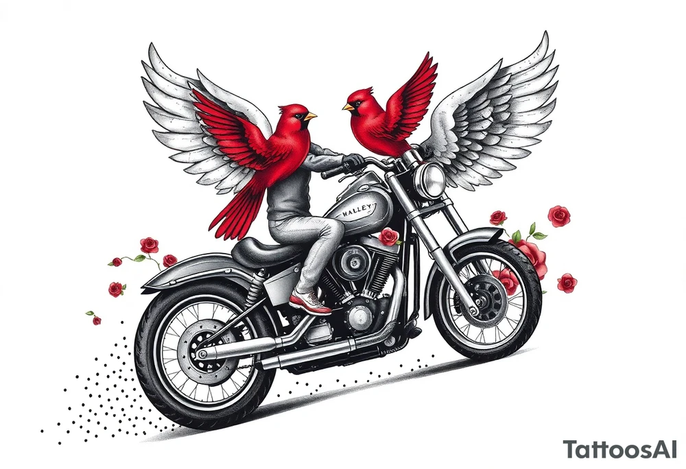 Harley grey motorcycle driving away, two red birds flying, roses, flames, angel wings tattoo idea