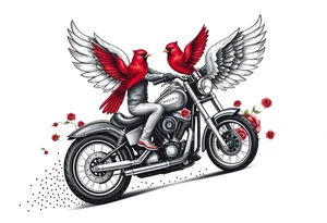 Harley grey motorcycle driving away, two red birds flying, roses, flames, angel wings tattoo idea
