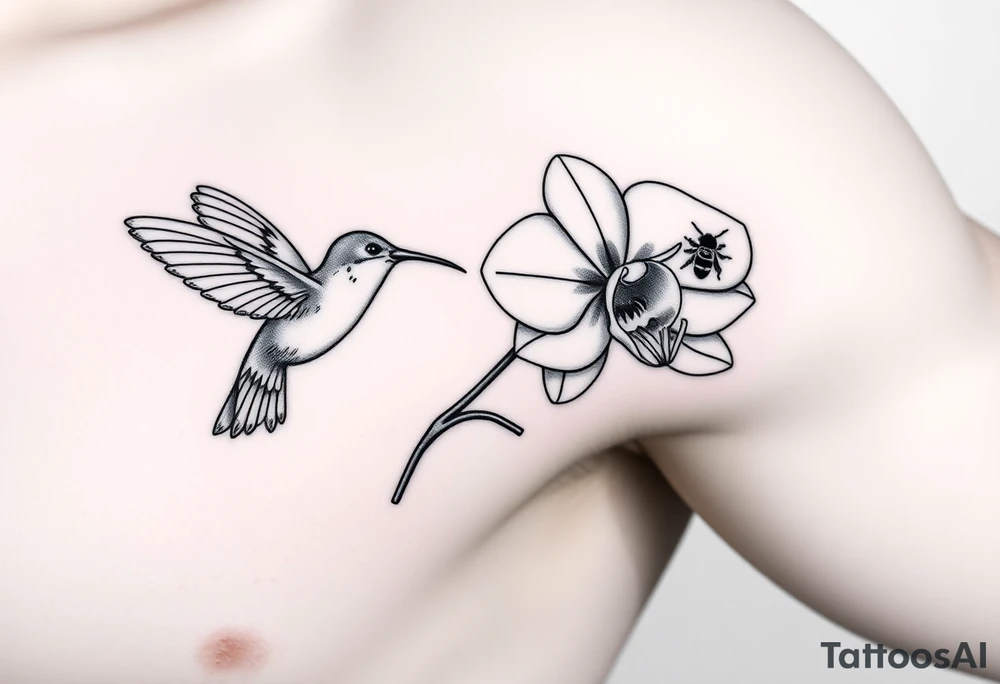 A delicate, black and white fine-line tattoo for male, featuring gracefully detailed 2 orchids in full bloom including their stems, with soft, intricate petals and elegant curves. Beside it, a hummingbird hovers mid-flight, its wings drawn with subtle motion lines, its slender beak reaching toward the orchid’s center to drink its nectar. on the other flower there is a bee that is resting tattoo idea