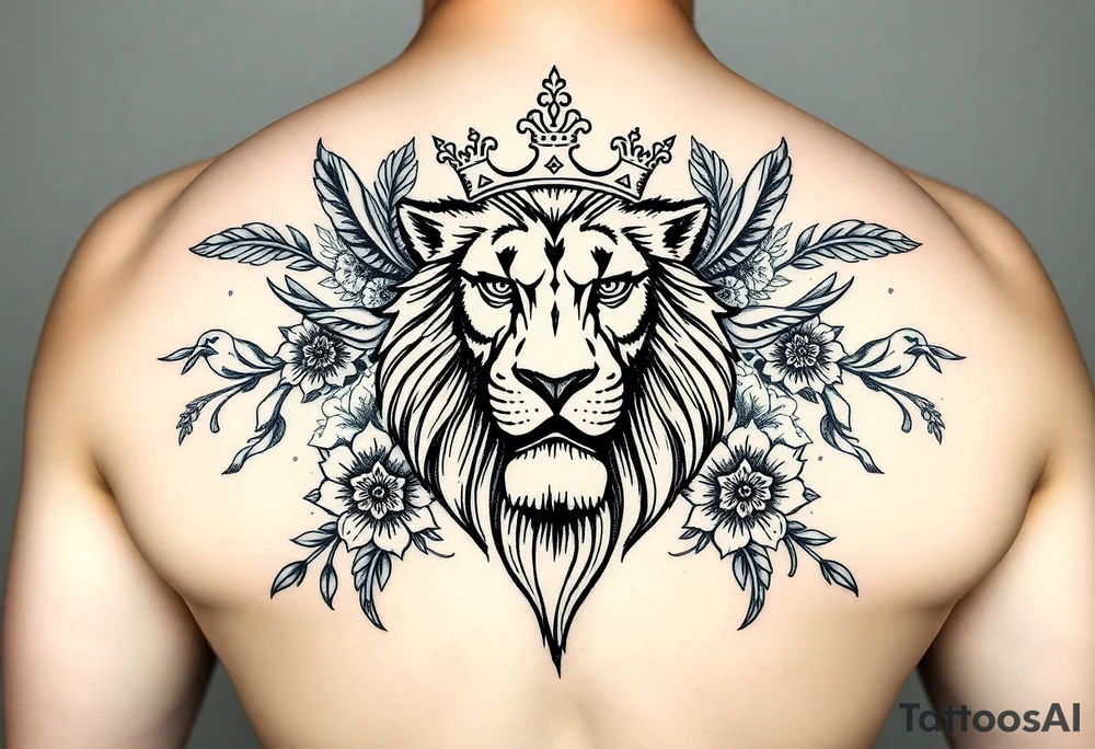 powerful majestic lion with a crown, surrounded by floral ornaments and birds tattoo idea