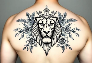 powerful majestic lion with a crown, surrounded by floral ornaments and birds tattoo idea