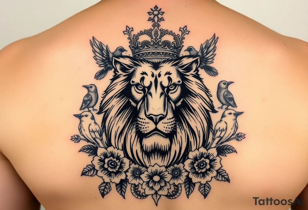 powerful majestic lion with a crown, surrounded by floral ornaments and birds tattoo idea