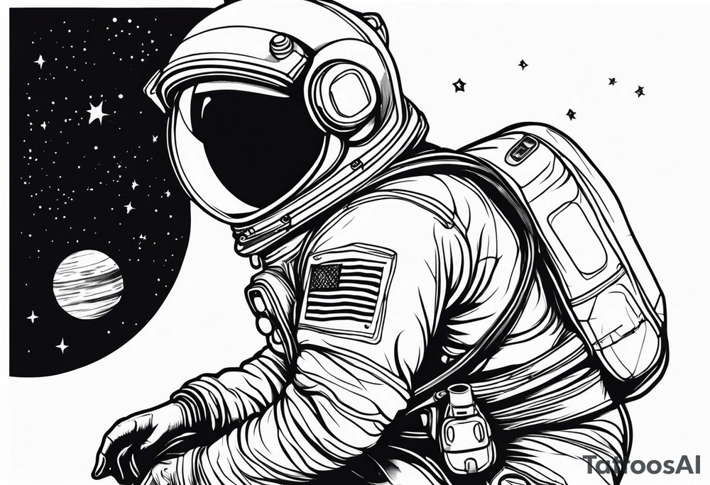 an astronaut hunched over in space from the back holding a planet in his hands tattoo idea