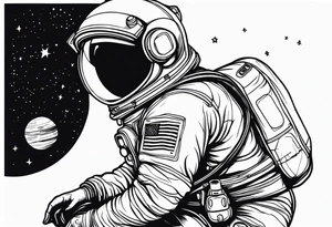 an astronaut hunched over in space from the back holding a planet in his hands tattoo idea