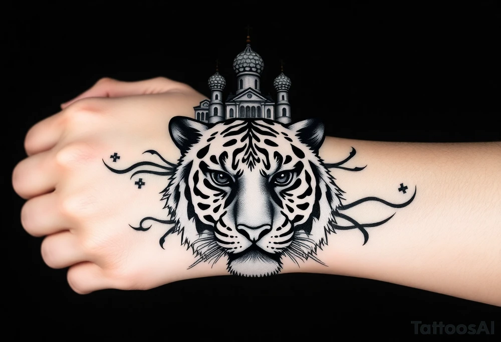 Realistic tiger face on the back of the hand with its eyes ALL black and no pupils, sitting beneath a Russian Orthodox cathedral sitting above on the top fore arm with onion domes and orthodox crosses. with clouds above and a virgin mary tattoo idea
