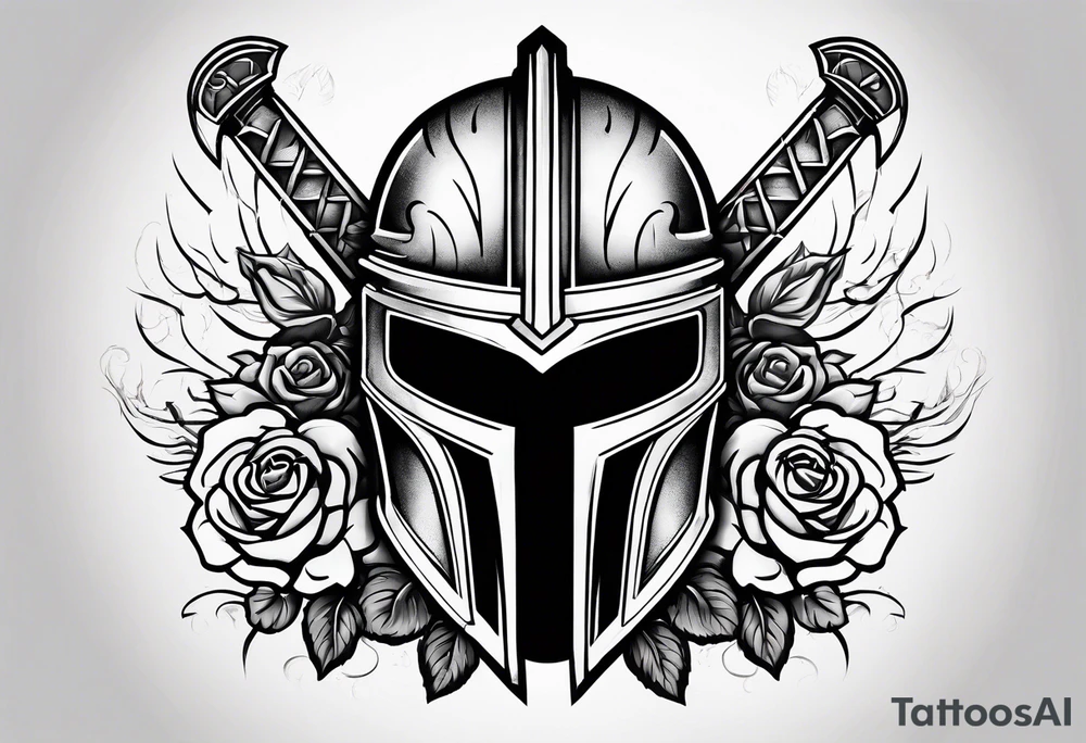 Outline of a broken Spartan helmet with a sword passing through the center around which a rose is interlaced. tattoo idea