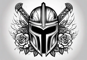 Outline of a broken Spartan helmet with a sword passing through the center around which a rose is interlaced. tattoo idea
