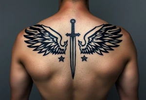 Wings wrapping up around surrounding a sword and diamond shaped stars tattoo idea
