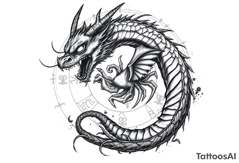 Horror dragon tattoo with cancer zodiac sign on background tattoo idea