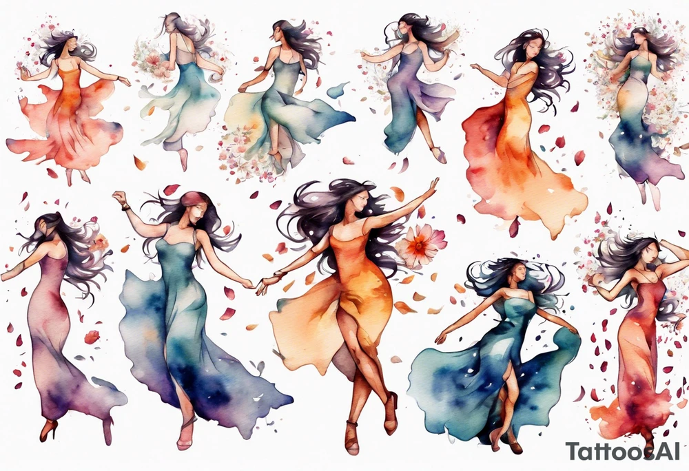 One Very feminine woman dancing in a wind of flower petals tattoo idea