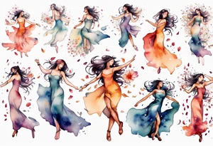 One Very feminine woman dancing in a wind of flower petals tattoo idea