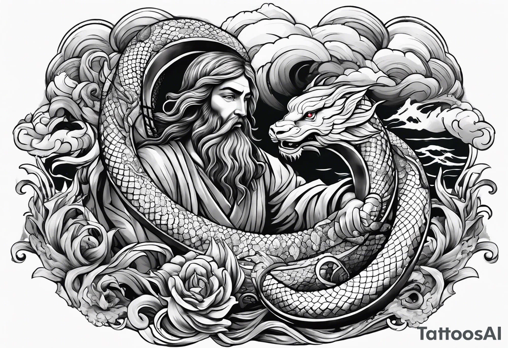 Almighty Jesus Christ choking a powerful Serpent in the ocean tattoo idea