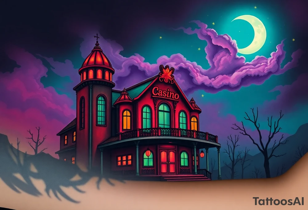 Tim Burton’s haunted casino is abandoned and dripping with muted reds, dusty pinks, and eerie green glow.purple and cyan smokey clouds swirl in the crescent moonlit sky thats sprinkled with stars tattoo idea tattoo idea