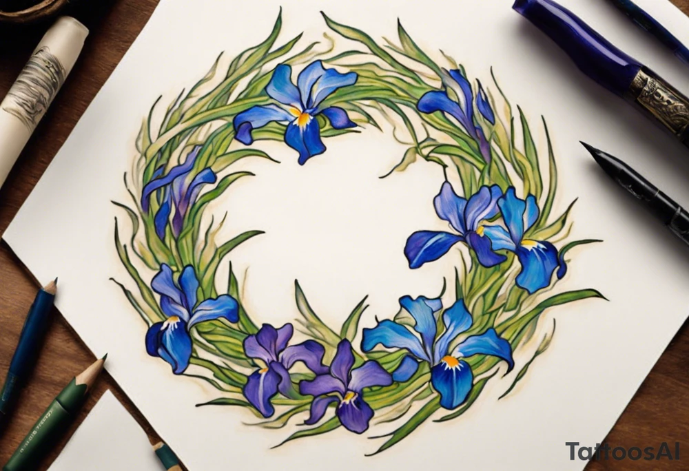 Create a small Vincent van Gogh Irises tattoo, with vines gracefully intertwining at a central point in the middle of the wreath. Include birds in some fashion. The intended placement is on the upper chest. The overall design should be small in size while maintaining a delicate and artistic aesthetic. Pay attention to the graceful flow of the vines and the placement of the irises to achieve a refined and elegant look. tattoo idea