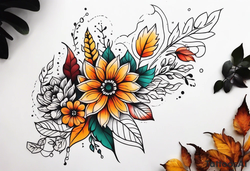 Full arm with fall colors, flowers, water, leaves and various shapes tattoo idea