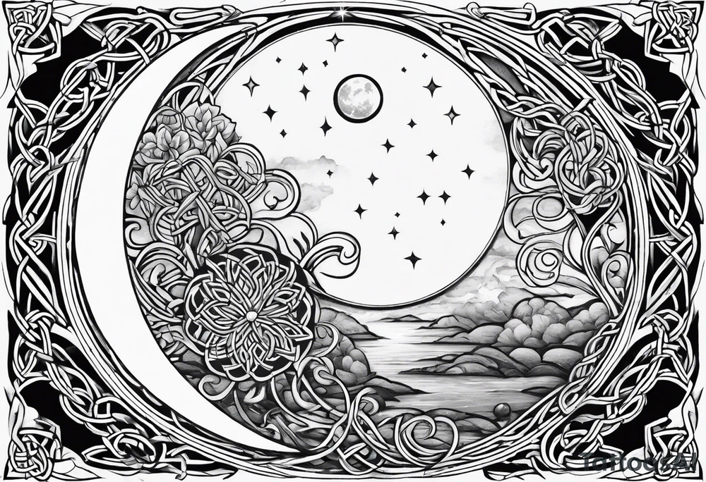 Moon, celtic symbol, hydrangia tattoo idea