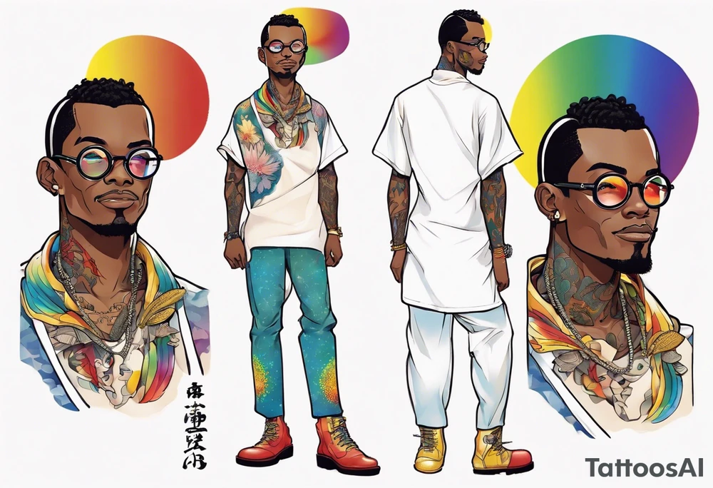 a handsome black man wearing round glasses and a rainbow tunic and scaled boots tattoo idea
