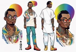 a handsome black man wearing round glasses and a rainbow tunic and scaled boots tattoo idea