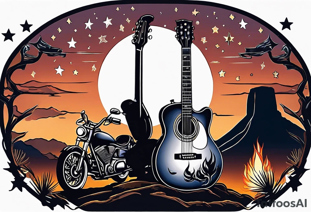 Guitar by a campfire with a desert landscape and motorcycle silhouette and a half moon and stars tattoo idea