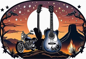 Guitar by a campfire with a desert landscape and motorcycle silhouette and a half moon and stars tattoo idea