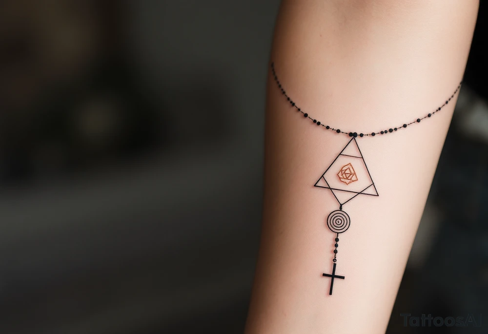 Minimalist geometric rosary tattoo: precise black‑ink circles (beads) decreasing subtly in size, linked by perfectly straight, fine lines to form clean angles rather than curves; the strand drapes in a crisp isosceles‑triangle silhouette across the forearm. Where the pendant would hang, a small concentric‑line cross sits inside a outlined golden‑ratio spiral, all rendered in thin charcoal‑black lines with a single muted‑copper accent on the cross for contrast—overall a sleek, math‑inspired aesthetic with no shading, just pure linework. tattoo idea