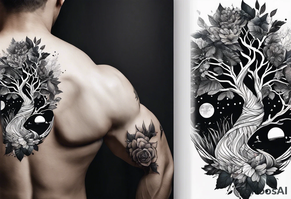 a tattoo for the inner bicep of a combination of tree DNA helix and adam creation hands tattoo idea